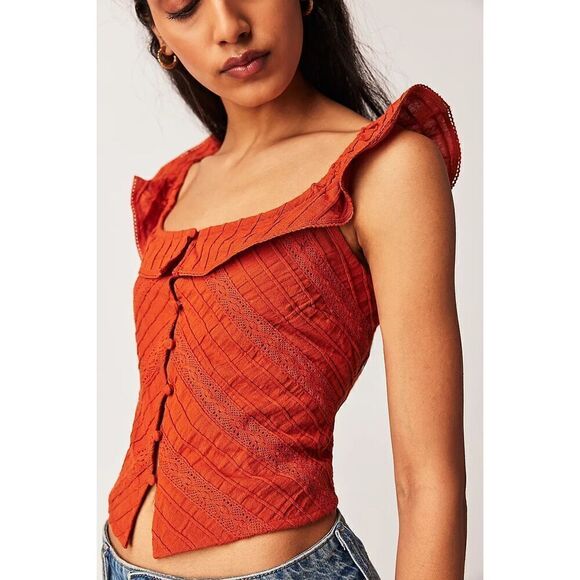 Free People Orange Ruffle Tank Top - Picture 1 of 6